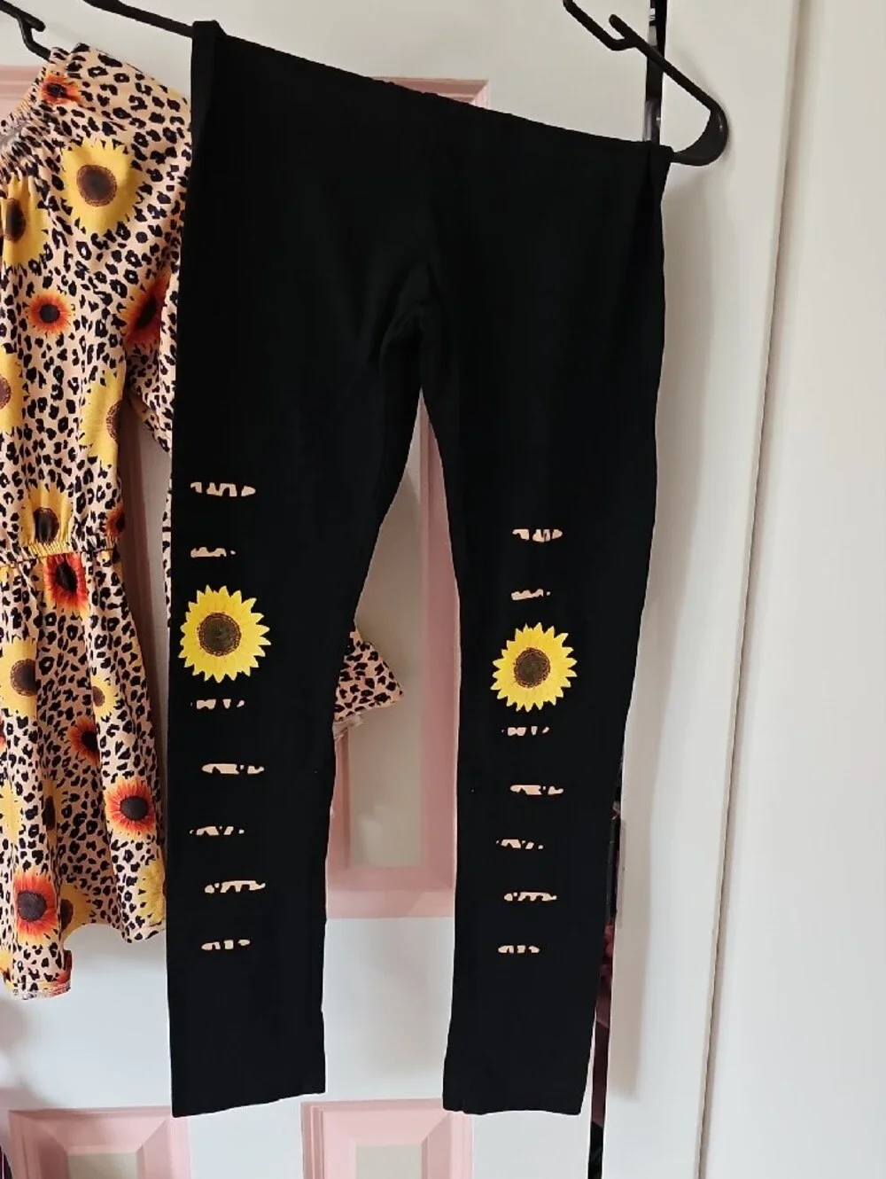 Girls Sunflower Leopard Print Peplum Top and Black Sunflower Leggings Set